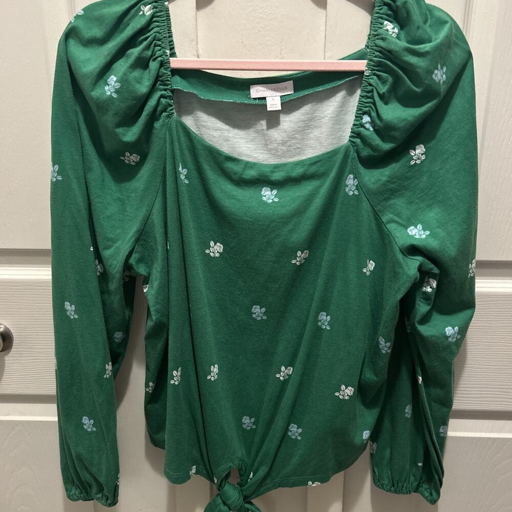 CHARTER CLUB Women’s Blouse XL Green Floral Square Neck With Front Tie